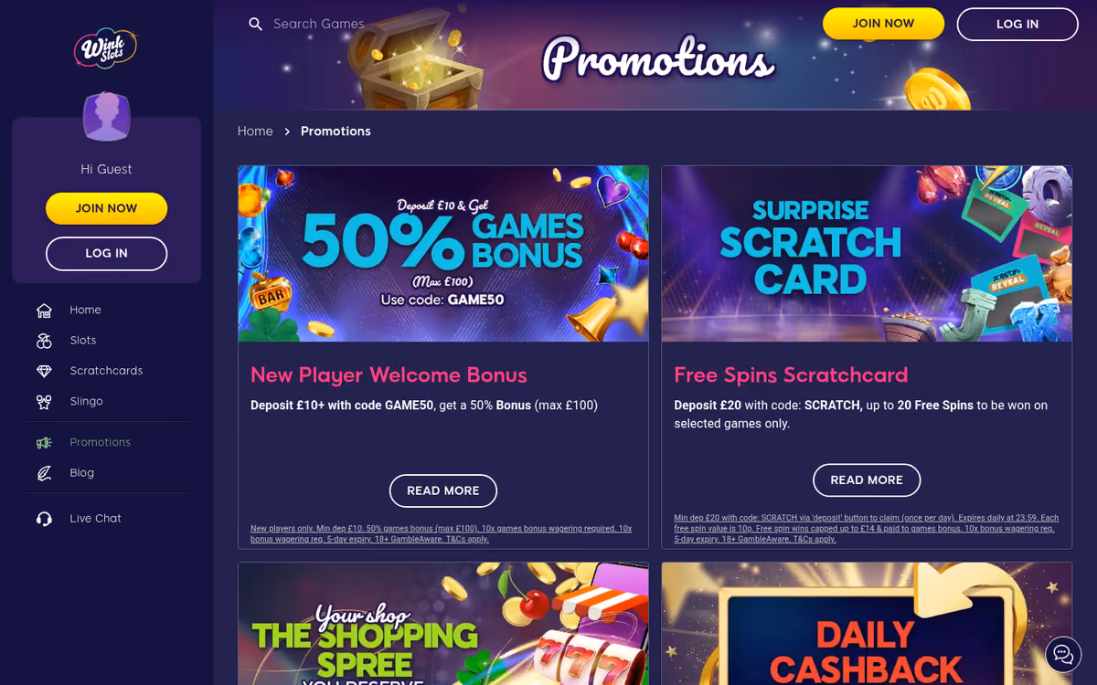 Wink Slots promotions page listing the welcome bonus, a free spins scratchcard offer and a shop coin scheme