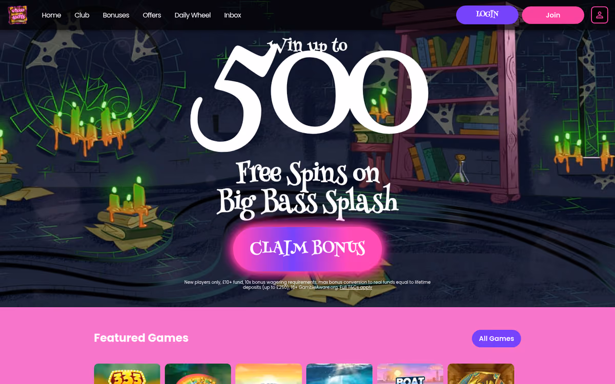 Wizard Slots sister sites evidence: the Wizard Slots homepage showing the Win up to 500 Free Spins on Big Bass Splash hero