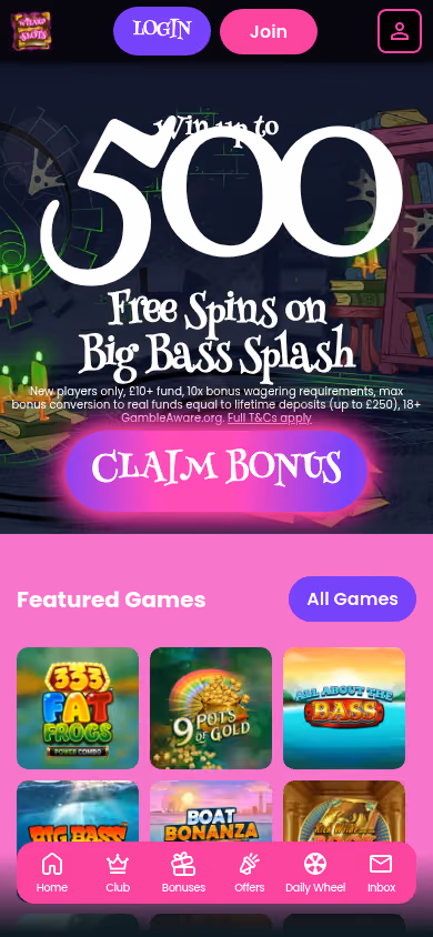 Wizard Slots mobile homepage at a 390 by 844 viewport