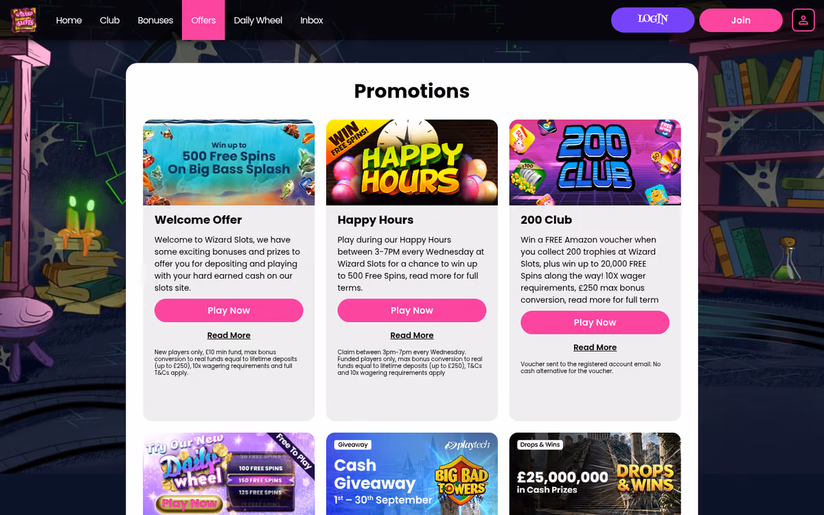 Wizard Slots promotions page showing the shared Jumpman network campaigns
