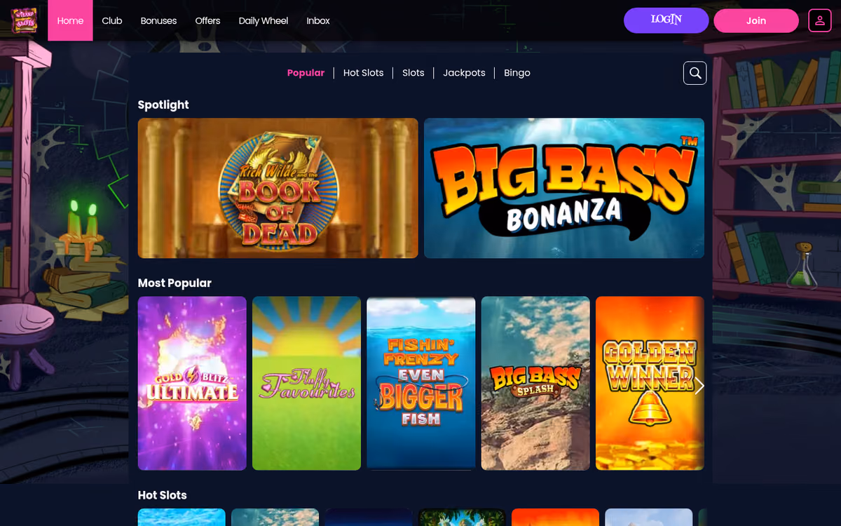 Wizard Slots games lobby showing Popular, Hot Slots, Slots, Jackpots and Bingo tabs with Book of Dead and Big Bass Bonanza