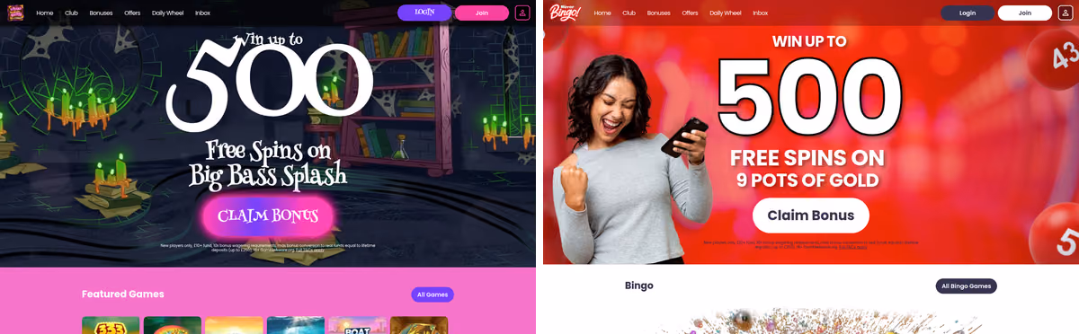 Wizard Slots sister sites proof: Wizard Slots beside Mirror Bingo showing the shared Jumpman Gaming platform
