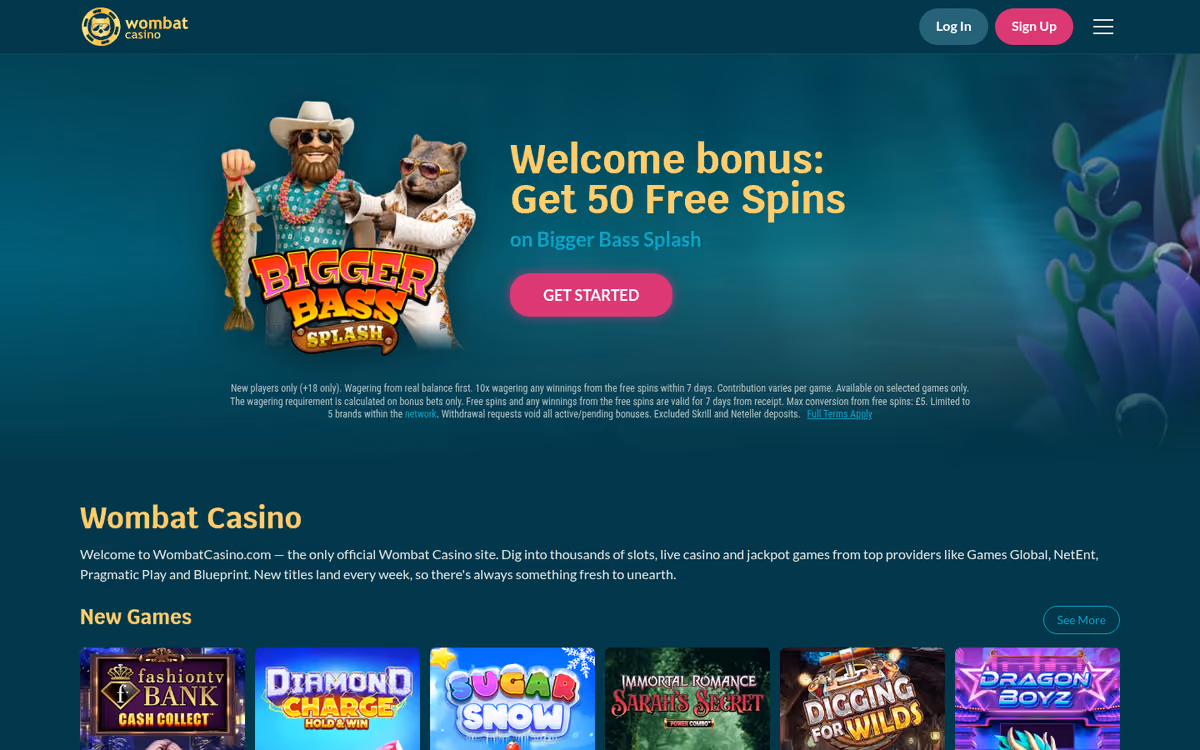 Wombat Casino sister sites evidence: the Wombat Casino homepage showing the 50 free spins welcome and the five-brand network small print
