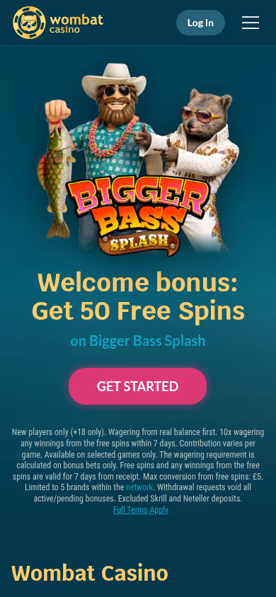 Wombat Casino mobile homepage at a 390 by 844 viewport