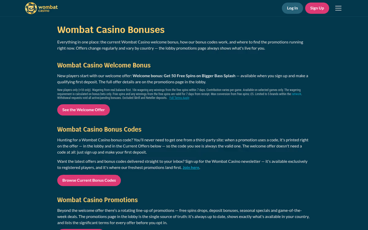 Wombat Casino bonuses page showing the welcome free spins offer