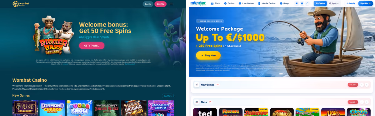 Wombat Casino sister sites proof: Wombat beside Monster Casino, two ProgressPlay brands sharing a licence and no design
